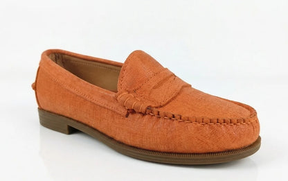Sebago Plaza Women's Orange Loafer on a white background - 3q view @runinrain