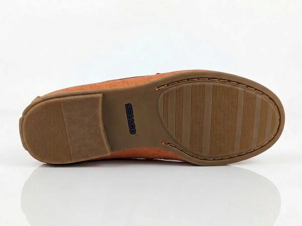 Sebago Plaza Women's Orange Leather Loafer with a blue SEBAGO branding sole on a white background – Sole View @RunInRain
